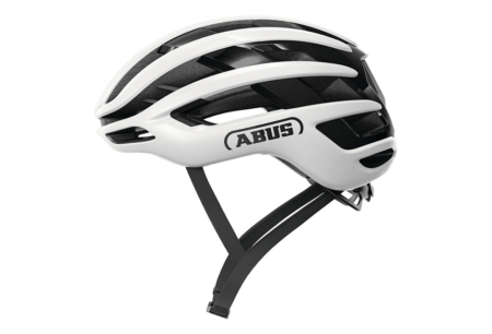 ABUS AirBreaker 2.0 cykelhjelm i Shine White, letvægts aerodynamisk hjelm med ventilationskanaler og justerbar pasform, set fra front og side