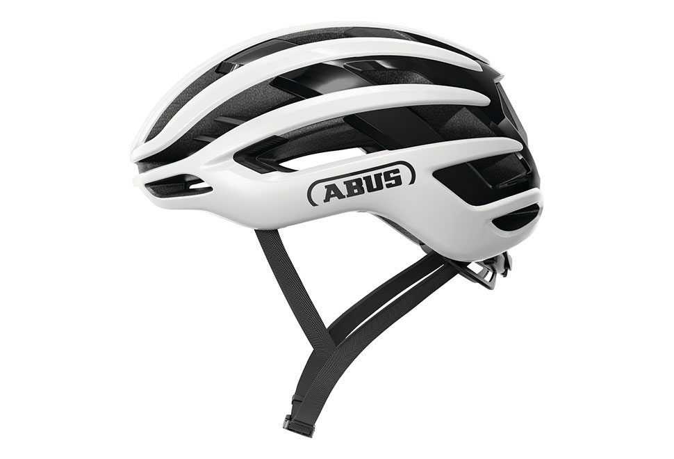 ABUS AirBreaker 2.0 cykelhjelm i Shine White, letvægts aerodynamisk hjelm med ventilationskanaler og justerbar pasform, set fra front og side