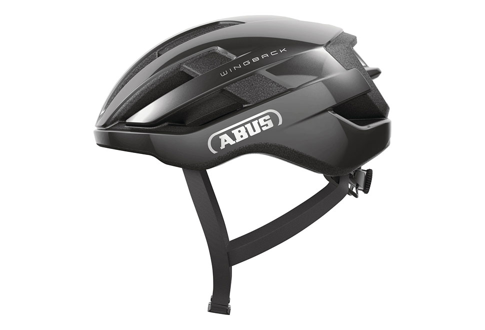 ABUS WingBack cykelhjelm i farven Titan White – minimalistisk og sporty hjelm med slankt vingedesign, dybe ventilationskanaler og aerodynamisk afrivningskant.